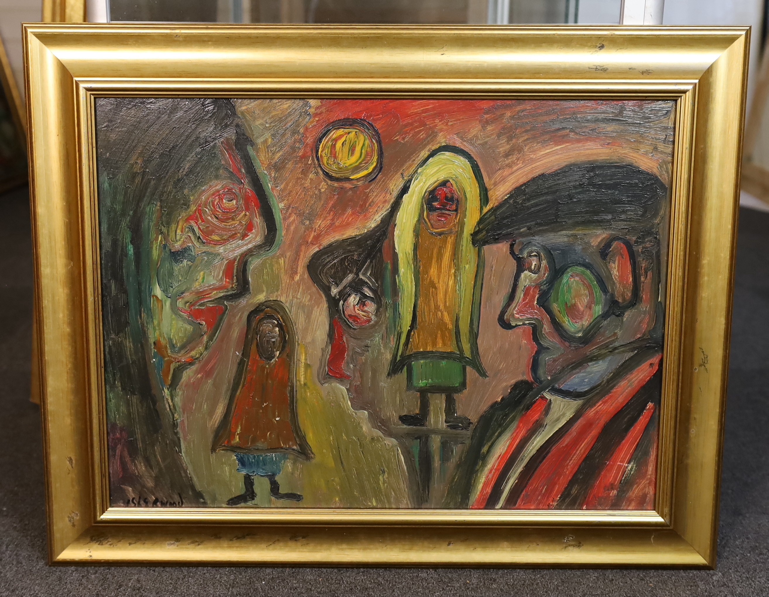 James Lawrence Isherwood (British, 1917- 1989), 'Cap Man, Shawl Woman', oil on board, 44 x 59cm